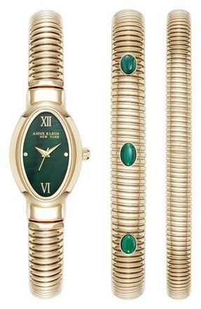 Anne Klein Set of 3 Oval Bracelet Watch & Bracelets in Goldtone/Green at Nordstrom Rack