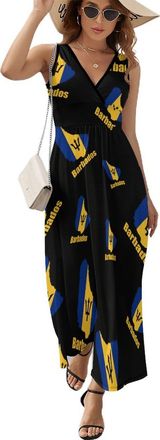 Generic Barbados Flag Map Maxi Dresses for Women Fashion Summer Casual Sleeveless Beach V Neck Sundresses A Line Skirt XL
