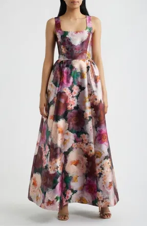 Julia Jordan Floral Print Mikado Gown in Pink/wine Multi at Nordstrom, Size 14