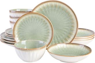 Gibson Home Mayfair Bay 16 Piece Double Bowl Embossed Reactive in Green at Nordstrom