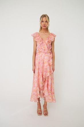 Cras Landoncras Ruffle Detail Wrap Midi Dress in Cloudy Flower at Nordstrom, Size 12