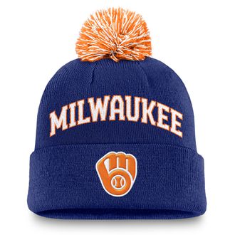 Nike Milwaukee Brewers Peak Nike Mens MLB Cuffed Pom Beanie in Blue | NB1647XMZB-7Z3