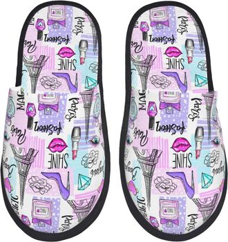 Generic Slipper Eiffel Tower And Hearts Furry Slippers Reusable Cotton Slipper For Winter Spa Hotel L