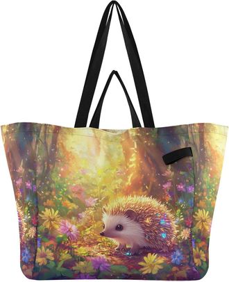 Generic Hedgehog Golden Flowers pattern Reusable Canvas Tote Bag, Heavy Duty Grocery Shopping Bag with Hard Bottom Double Handles Large Capacity Work Grocerie
