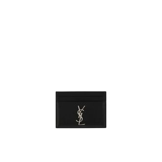 Saint Laurent Accessoires, Heren, Zwart, ONE Size, Luxe Leren Kaarthouder met Metalen Logo