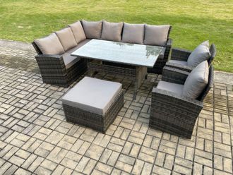 Fimous 9 Seater High Back Rattan Garden Furniture Set Corner Sofa With Rectangular Dining Table 2 Arm Chairs Big Footstool in Dark Grey