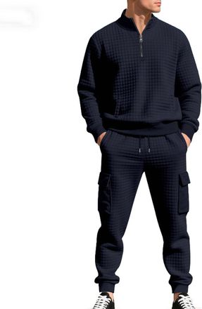 Generic 2025 Mens Fall Waffle Tracksuit 2 Piece Set Pullover Polo Quarter Zip Sweatsuits Jogging Sweatpants Loungewear