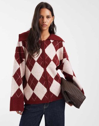 Pieces maglione premium in maglia soffice con zip frontale e colletto, stampa argyle bordeaux-Marrone
