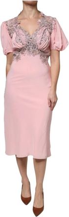 Ermanno Scervino Gebloemde kanten midi-jurk met korte mouwen en V-hals - Dames - Casual kleedjes - Roze - M - Polyester - Kleedjes