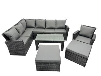 Fimous 9 Seat Poly Rattan Corner Sofa Set with 2 Big Stool Chair in Dark Grey
