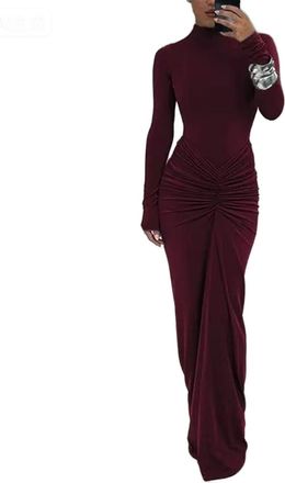 Generic Womens Turtle-Neck Maxi Dress Elegant Wasit Ruched Long Sleeve Bodycon Cocktail Wedding Party Dress