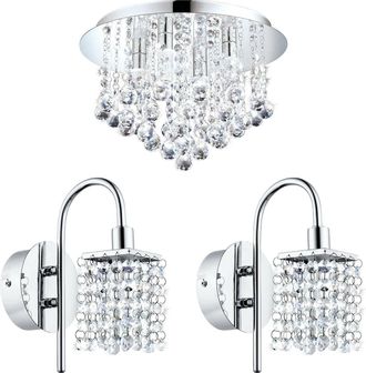 Loops Low Ceiling Light & 2x Matching Wall Lights Chrome & Crystal IP44 Bathroom Lamp