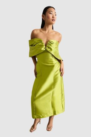 Warehouse Petite Satin Twill Bardot Midi Dress in Chartreuse at Nordstrom, Size 12P