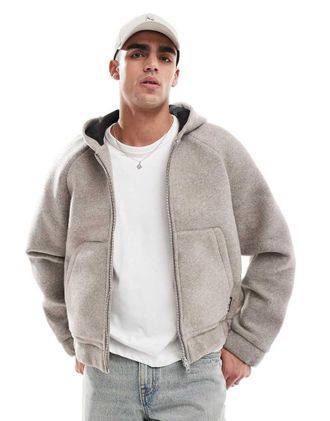 Jack & Jones Giacca bomber grigia effetto lana con cappuccio-Grigio