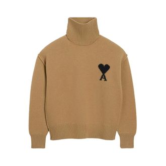 Ami Turtlenecks, male, Brown, 2XL, Camel Brown Funnel Neck Jumper