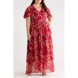 Sugarlips Ginnie Amabel Tiered Maxi Dress in Burgundy-Multi at Nordstrom, Size 2 X