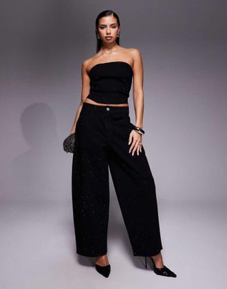 Liquor & Poker Jeans ampi a palloncino decorati neri in coordinato-Nero