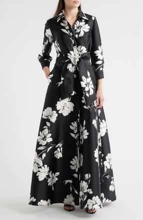 Julia Jordan Floral Shirtdress Gown in Black White at Nordstrom, Size 10