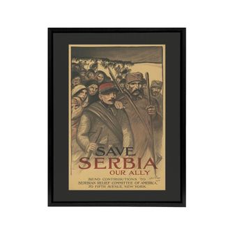 Artery8 Save Serbia Our Ally WWI Propaganda Steinlen Black Framed Canvas Art in Brown | Size: W24 x H32