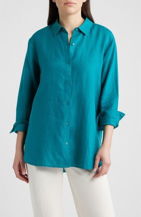 Eileen Fisher Classic Collar Organic Linen Long Button-Up Shirt in Teal at Nordstrom, Size Xx-Small