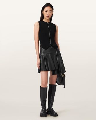 AllSaints Leather Irina Leather Mini Skirt, Size: UK 14/US 10