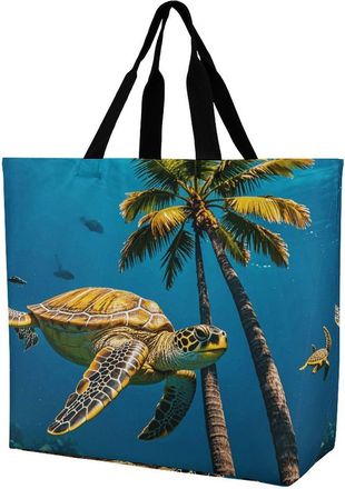 Generic Palm Trees And Sea Turtles Diving Underwater Grocery Bag Durable Shoulder Bag Handle Grocery Bags For Picnic Work College