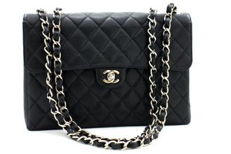 Chanel Vintage Classic Single Flap Quilted Caviar Black Calfskin Handbag (Pre-Owned)