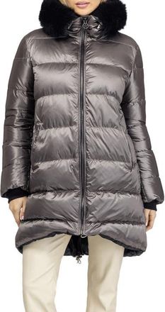 Gorski Apres-Ski Horizontal Parka Coat with Detachable Toscana Lamb Hood Trim in Greige/black at Nordstrom, Size Medium