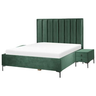 Beliani Conjunto De Dormitorio Moderno Cama 160 X 200 Cm Dos Mesitas De Noche Tapizado Terciopelo Verde Oscuro Sezanne