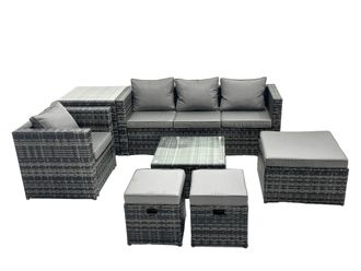 Fimous 7 Seater Patio Lounge Sofa Set with Side Table 3 Footstools in Dark Grey