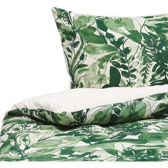 Beliani Conjunto De Fundas Y Almohada Algod&oacute;n Verde Y Blanco 135 X 200 Cm Estampado De Hojas Dormitorio Moderno Estilo Boho Greenwood