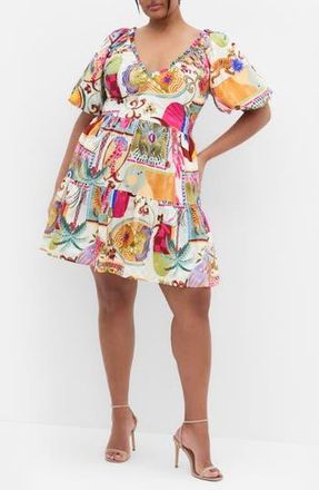 City Chic Simona Puff Sleeve Fit & Flare Minidress in Dreamscape at Nordstrom Rack, Size L/20W