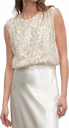 Greylin Liberty Padded Shoulder Bubble Hem Sequin Top In White
