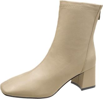 Generic Shoes Womens Zip Squared Boots Solid Ladies Squared Heels Up Toe Womens Boots Womens Fashion High Rubber Rain Boots Dots (Khaki, 5.5)