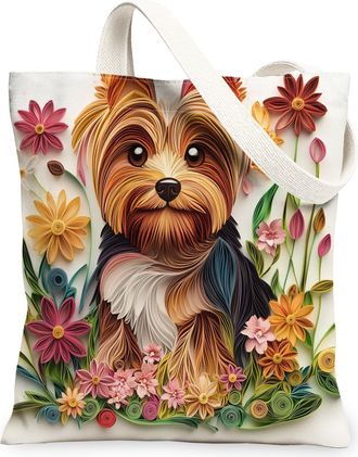 Generic Paper Quilling Yorkie Dog Canvas Tote Bag for Shopping 13x15, Fun Wildflower Puppy Reusable Grocery Print Pattern Bag for Women, Pet Beach Aesthetic P