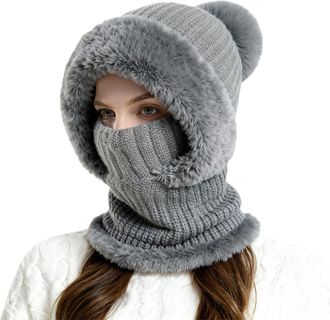 Generic 3 in 1 Beanie Hat for Women All in One Hat and Scarf Winter Warm Knitted Cap with Neck Warmer Balaclava Hats Scarf Mask for Outdoor Skiing Hiking Wint