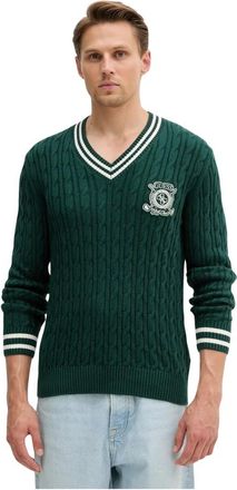 Guess Eco Hewie Kabeltrui - Heren - V-hals truien - Groen - XL - Katoen - Truien & Vesten
