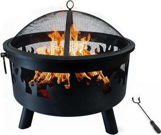 Relaxdays Braciere Relaxdays, &Oslash; 64 cm, parascintille, attizzatoio, acciaio, design a fiamma, focolare da giardino, nero