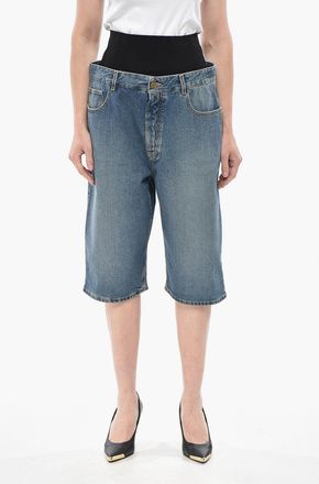 Alaia Wide-Leg Denim Shorts with Elastic Waistband Alaia