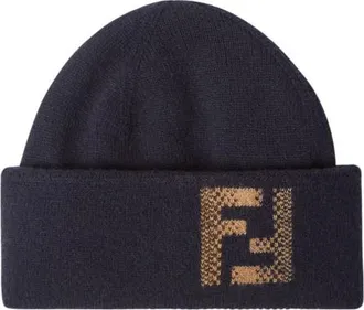 Fendi Navy Blue Logo Knitted Beanie Hat
