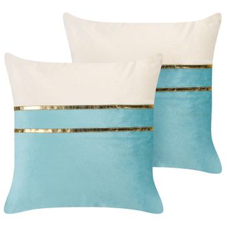Beliani Conjunto De 2 Cojines De Terciopelo Azul Beige Dorado 45 X 45 Cm Glamour Allium
