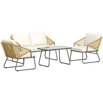 OUTSUNNY 4 Piece Rattan Garden Furniture Set With Cushions - Natural - Natural wood finish | TJ Hughes