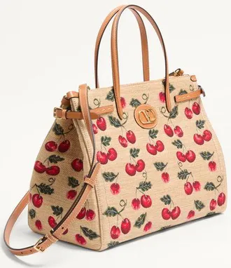 Valentino Garavani Borsa Shopping Media Valentino Garavani Antibes In Rafia Jacquard Con Motivo Cherryfic Donna NATURALE/ROSSO UNI
