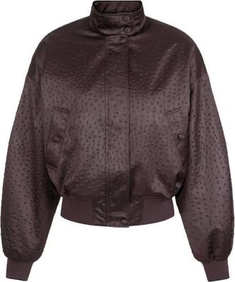 Elisabetta Franchi Jassen, Dames, Bruin, XL, Leer, Taffeta Jas met Struisvogelprint
