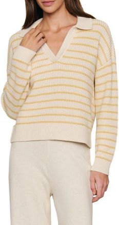 Eberjey Coastal Stripe Cotton Blend Polo Sweater in Stripe Almond Heather/Sunbeam at Nordstrom, Size X-Small