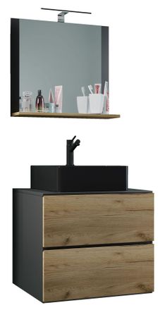 ebuy24 Ebuy24 - Vcm 3 Pcs Lavabo Lavabo Negro Gabinete Inferior Ancho 60 Cm Muebles De Ba&ntilde;o Con Cajones Espejo Lendas S Bl (antracita / Roble Miel)