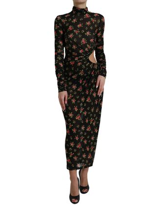 Dolce & Gabbana Womens Floral Print Mesh Midi Dress Cutout - Black Nylon - Size EU 40 (Womens)