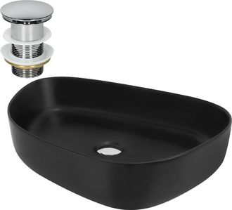 ML Design Lavabo ovalado negro cer&aacute;mico con desag&uuml;e cromado
