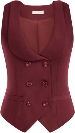 Belle Poque Button Down Vintage Deep V-Neck Vest for Women Lapel Collar Formal Waistcoat with Pockets Dark Red XXL