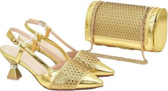Generic Womens Luxury Shoe and Bag Matching Set Sparkly Rhinestone Gold Chain Strap Shoulder Bag Pointed Toe Heeled Shoes